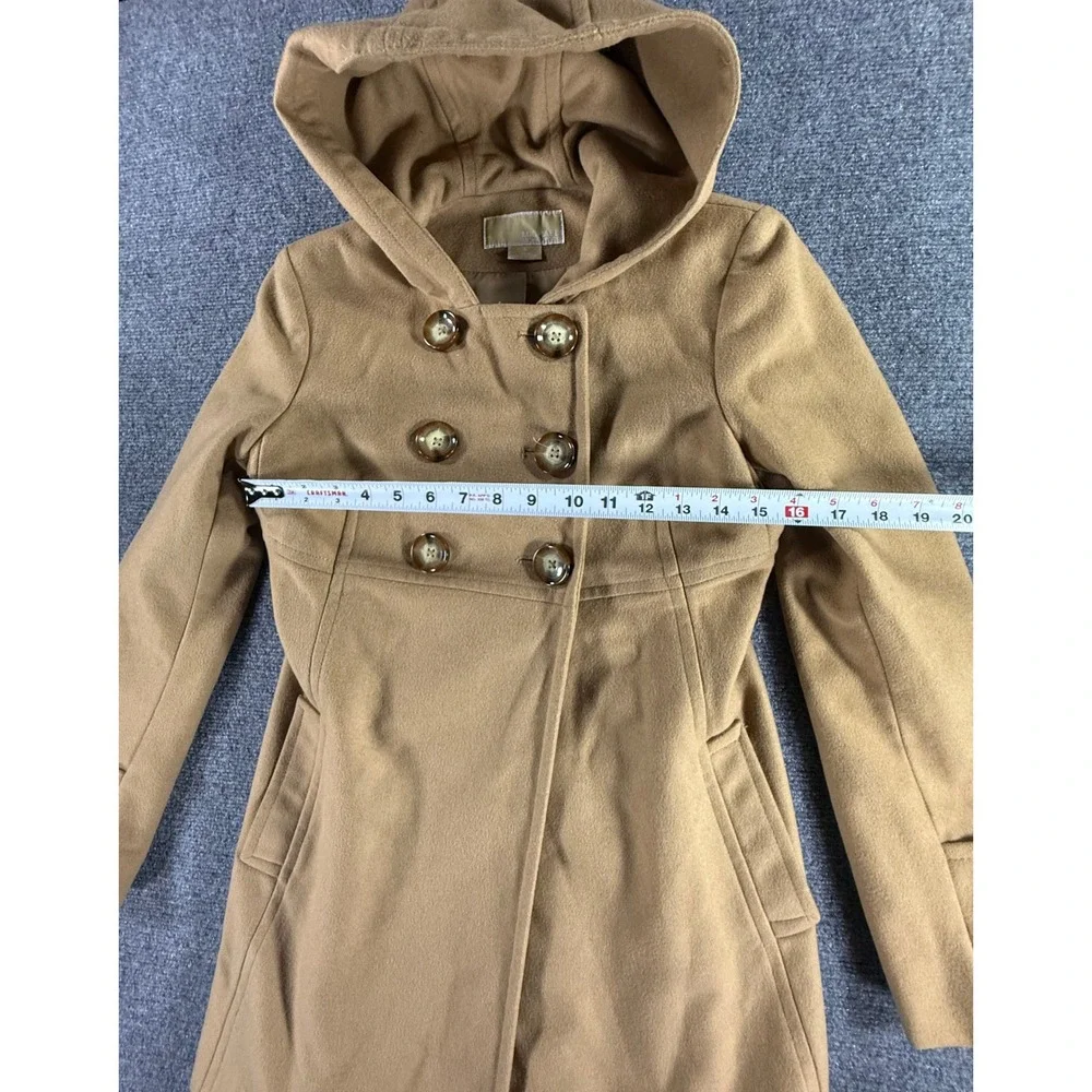 Michael Michael Kors Camel Tan Hooded Double Breasted Wool Blend Peacoat Size 4‎